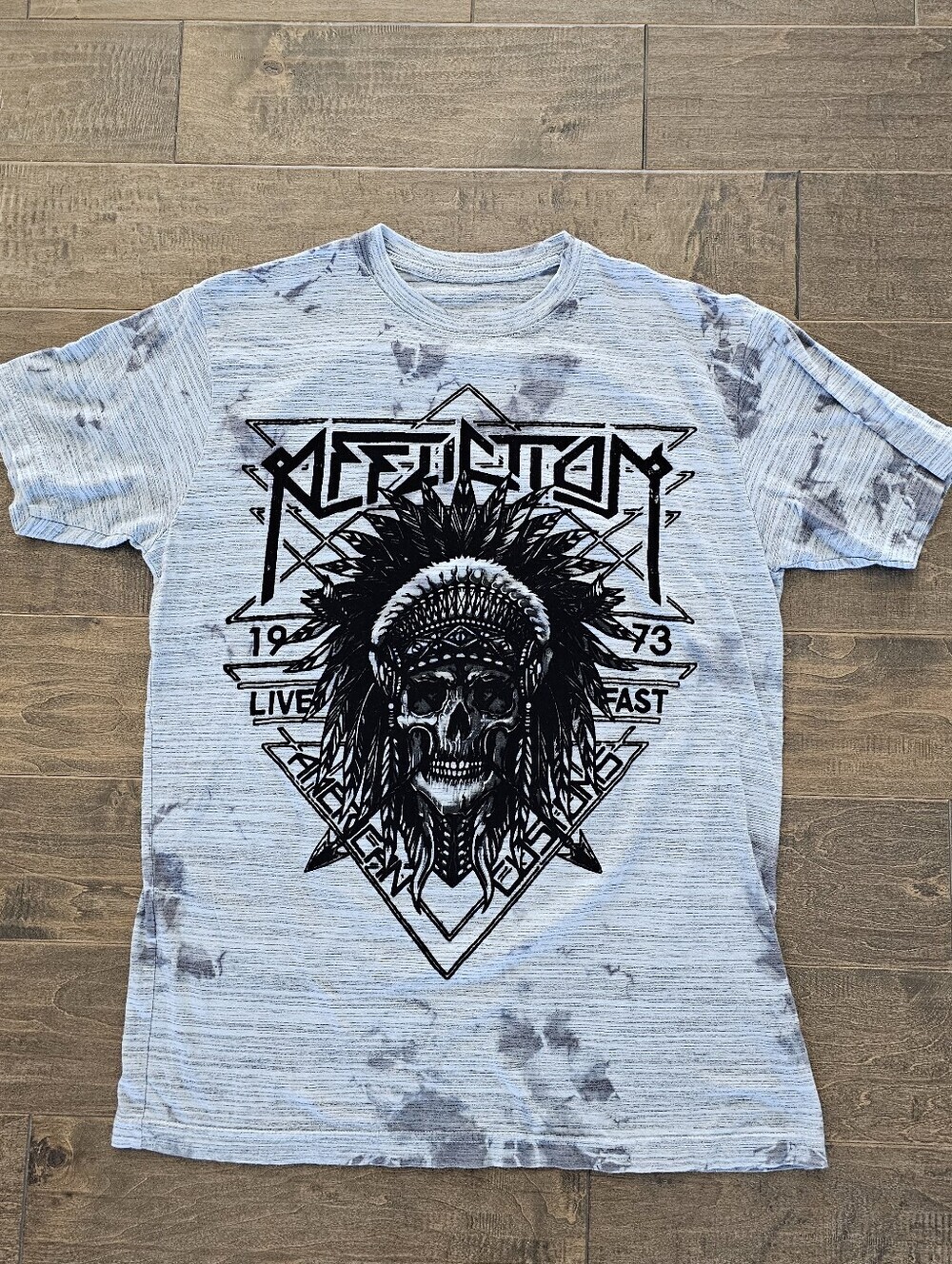 RARE Affliction 1973 Live Fast Skull Graphic Tee - Light Gray and Black Sz Med